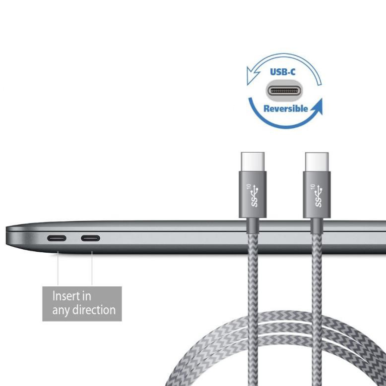 A USB cable with two USB-C connectors is against a backdrop of a laptop which has two USB-C connectors